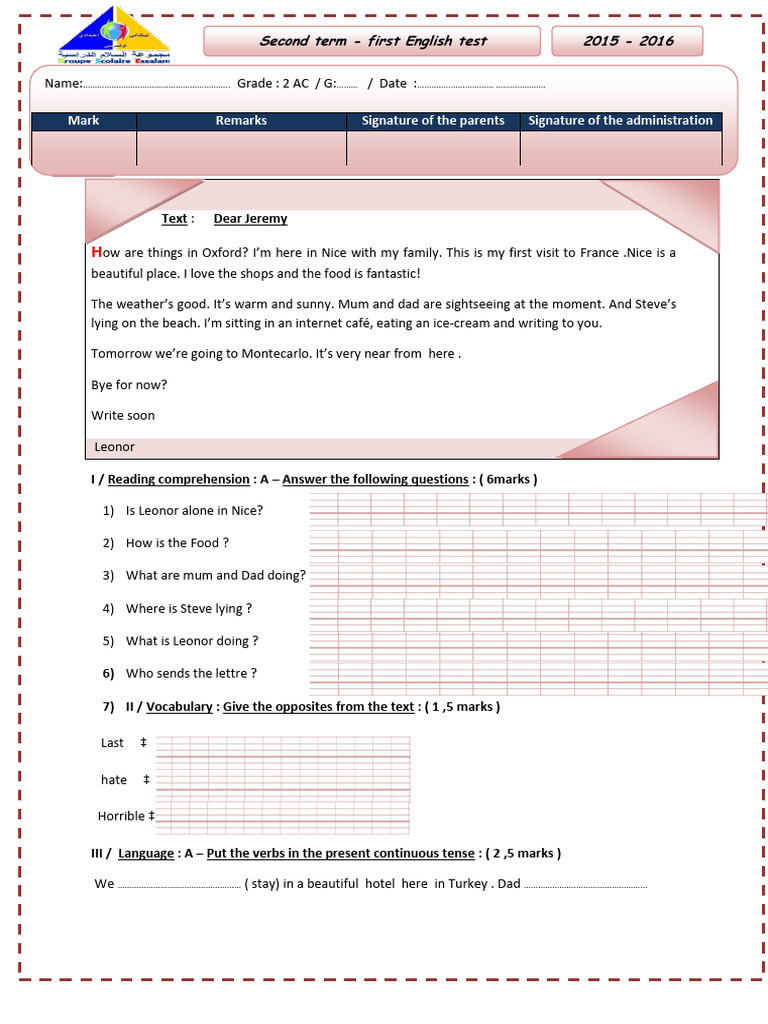 340689test 1 Model 1 English 2ac Second Term | PDF | Linguistics | Grammar