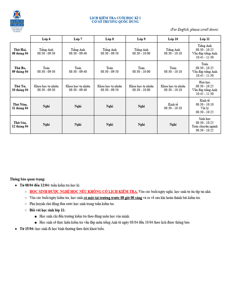 Lịch Thi Cuối Học Kỳ 2 - Semester 2 Final Exam Schedule | PDF