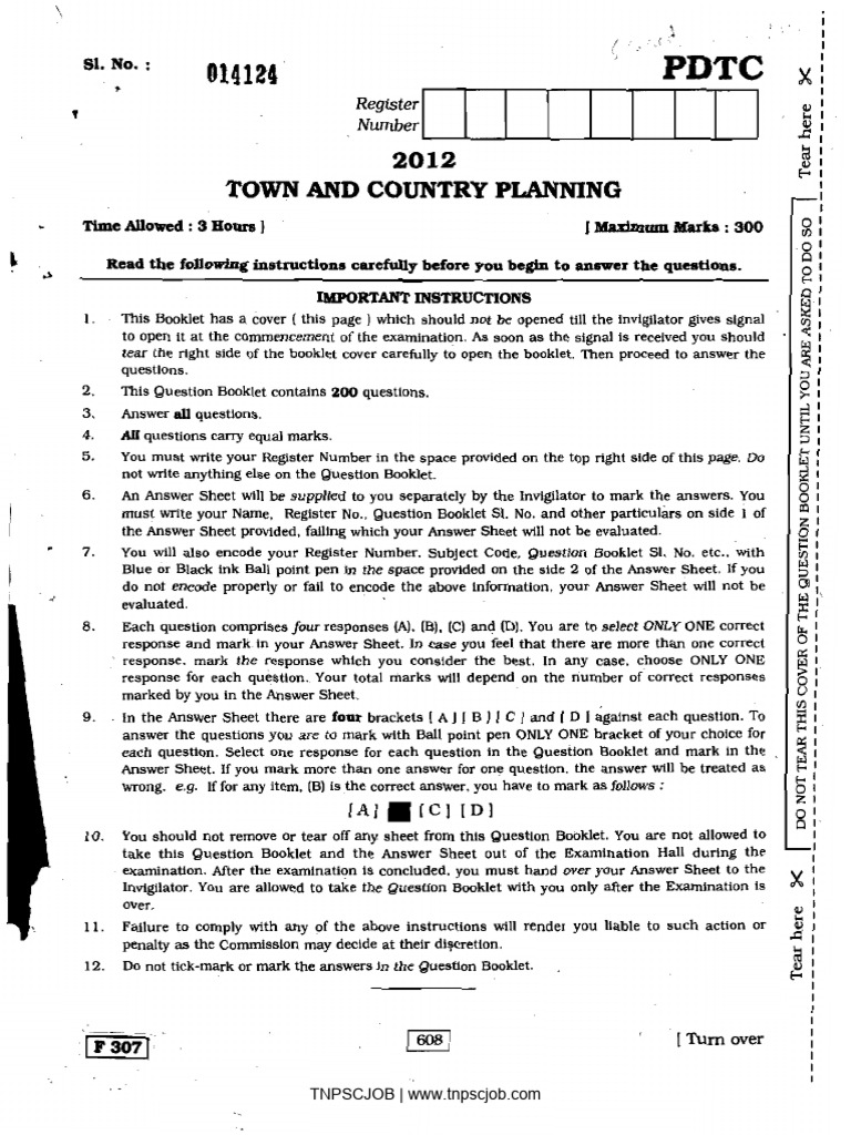 Town Planning Engineering Question Paper 2012 Degree Standard PDF