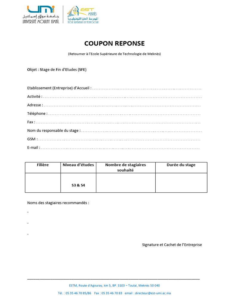 Modèle de Coupon Réponse Stage ESTM | PDF