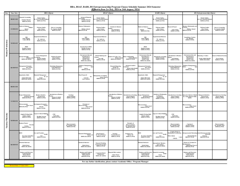 BBA, BSAF, BABS, BSE Program Classes Schedule For Summer 2024 | PDF ...