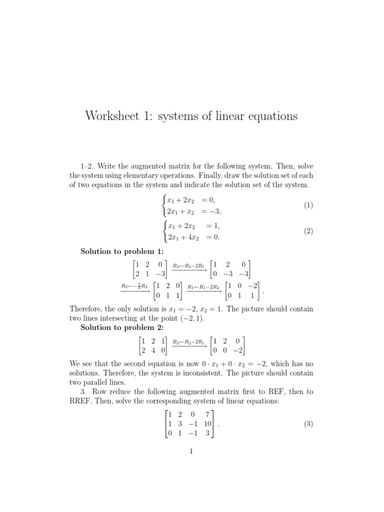 ws1 Systems of Linear Equations | PDF | System Of Linear Equations ...
