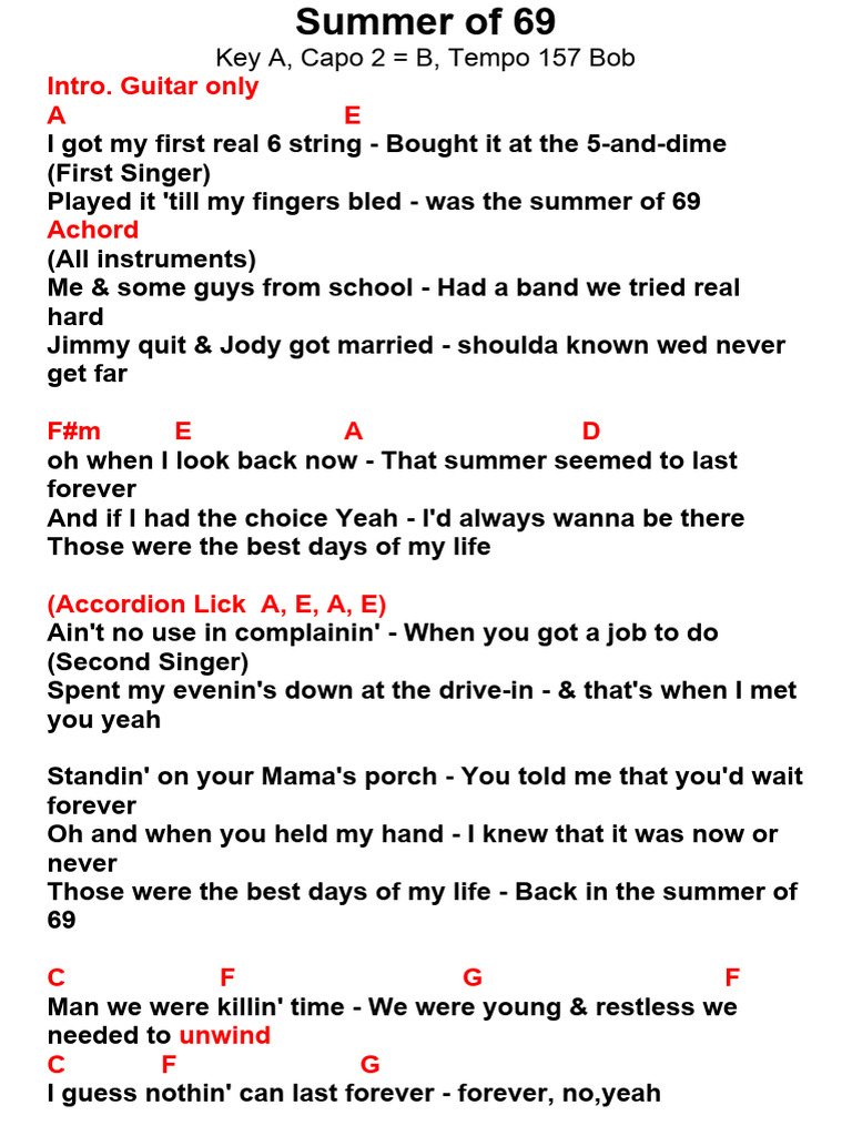 Summer of '69 Chords and Lyrics | PDF