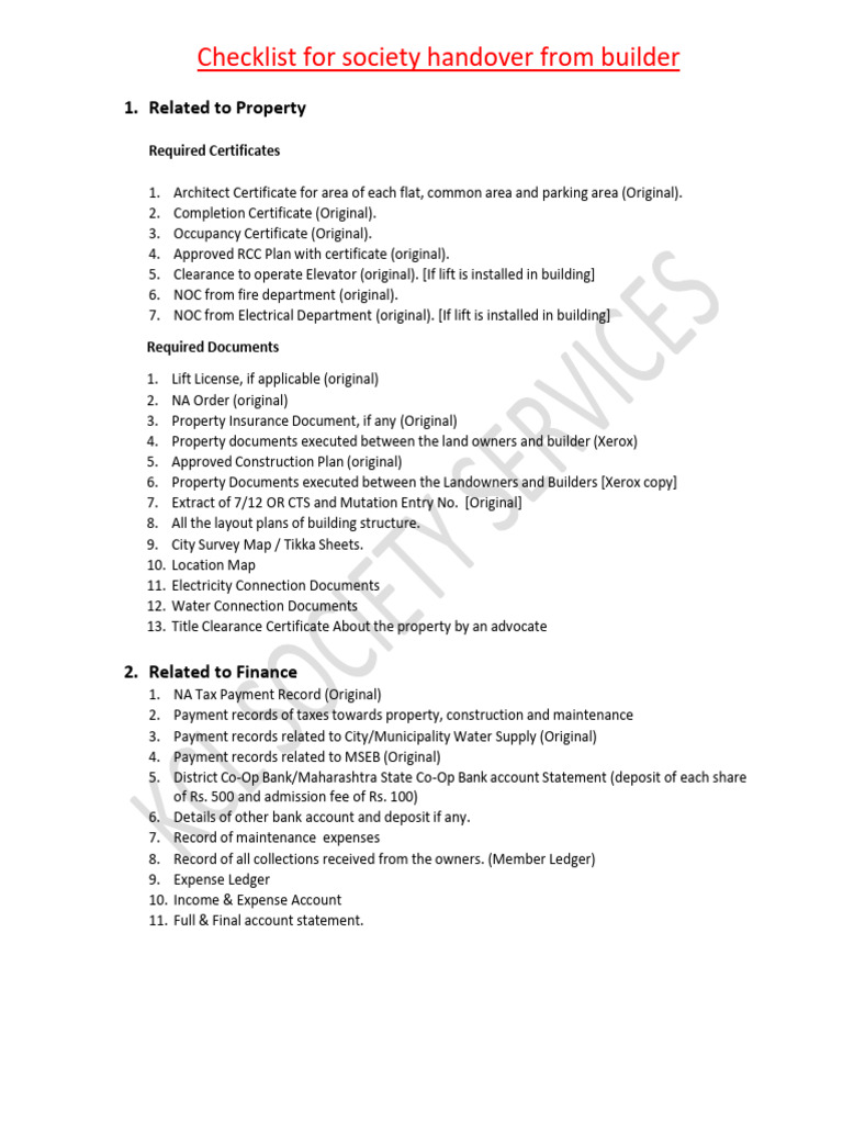 Society Handover Checklist from Builder | PDF | Law