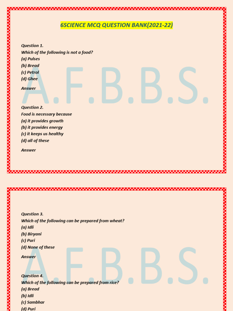 6SCIENCE MCQ QUESTION BANK PDF Foods Filtration