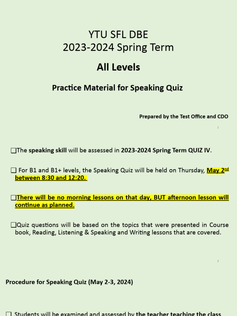 B1 Speaking Quiz Practice Ppt Updated 24 04 2024 Pdf Internship