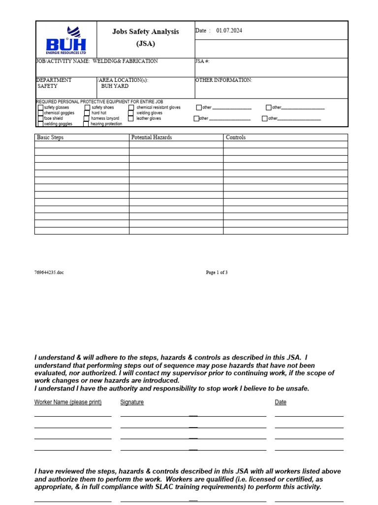 Welding Job Safety Analysis (JSA) | PDF | Business