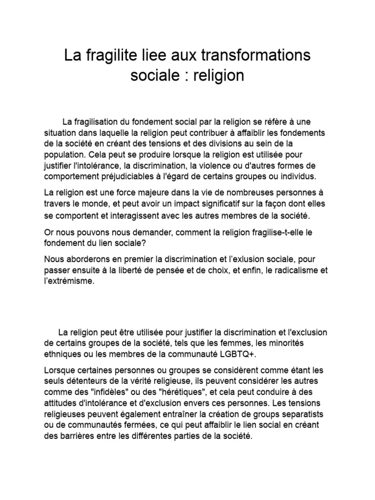 Impact de la religion sur le lien social | PDF | Tolérance | La violence