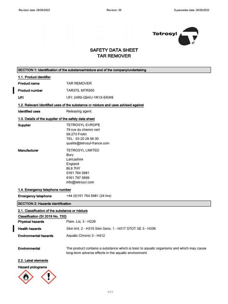 Safety Data Sheet for Tar Remover | PDF | Toxicity | Dangerous Goods