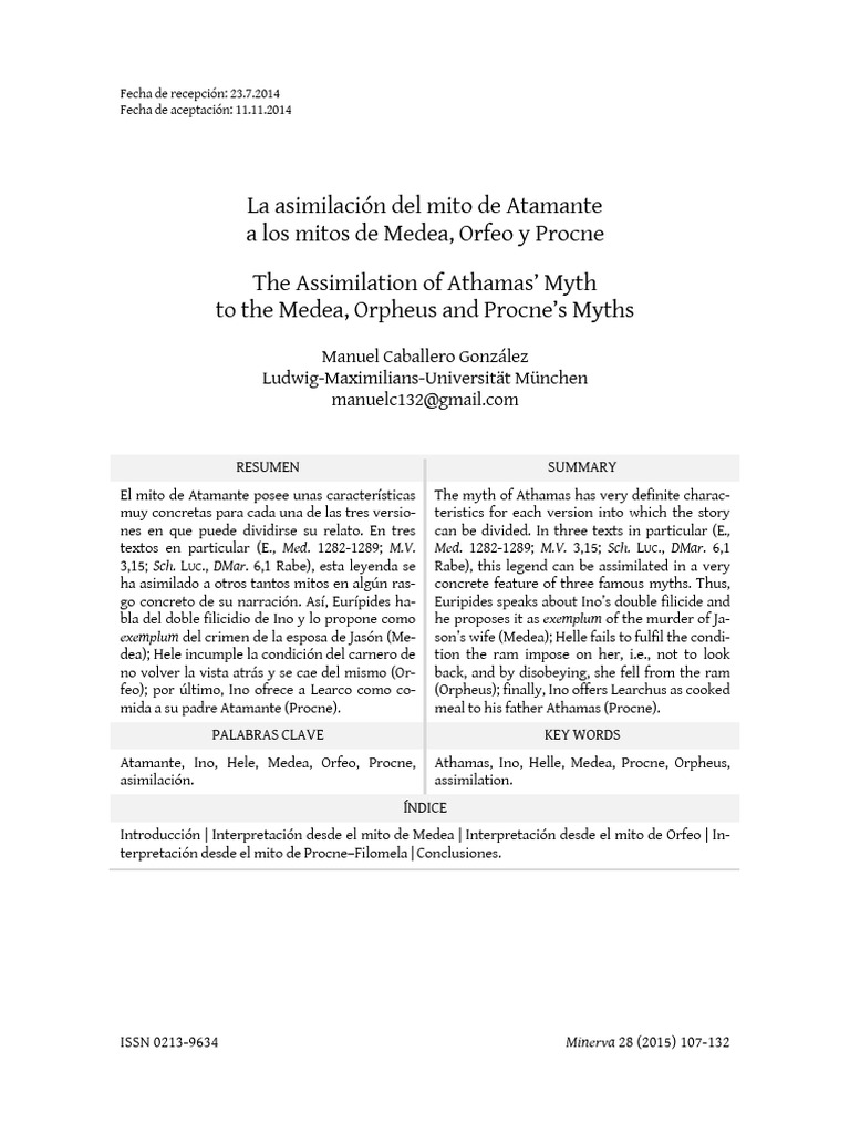 La Asimilación Del Mito de Atamante A Los Mitos de Medea, Orfeo y ...