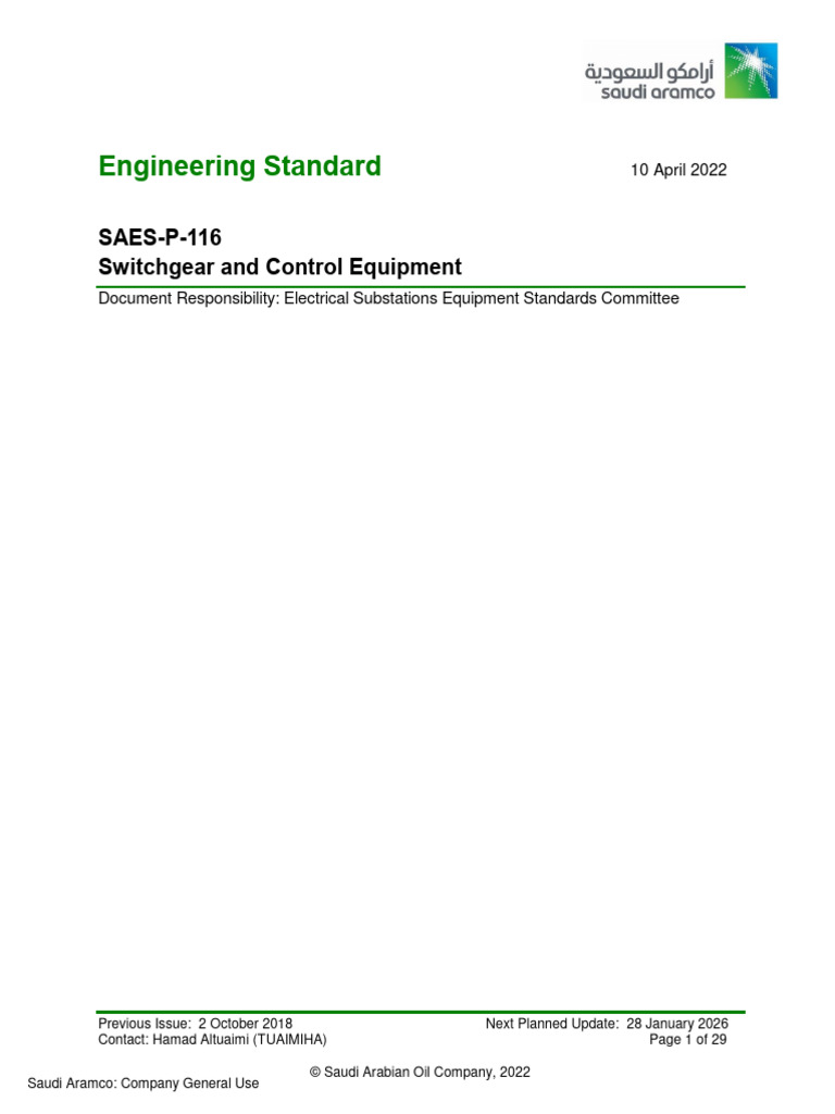 SAES-P-116: Switchgear Standards | PDF | Electrical Substation ...