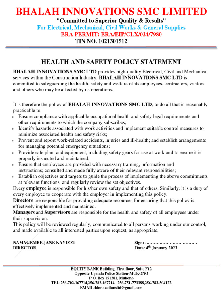 Health And Safety Policy Pdf Occupational Safety And Health Safety