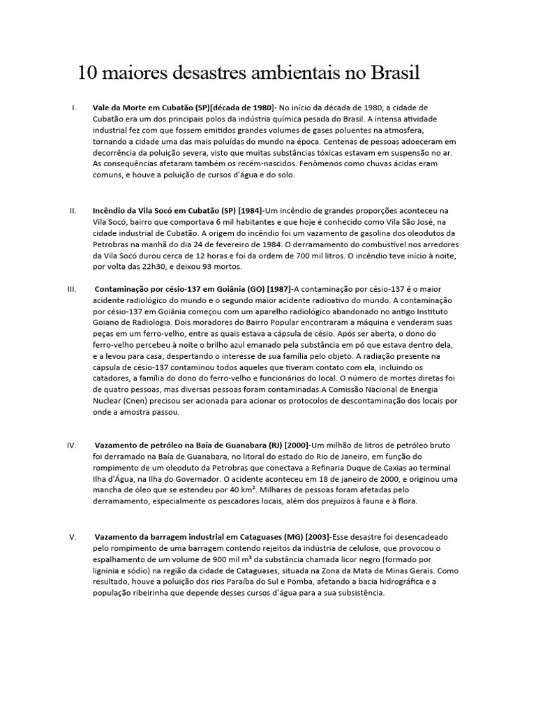 Maiores Desastres Ambientais no Brasil | PDF | Poluição | Geociências