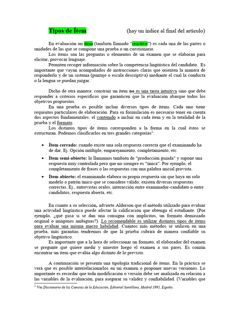 Tipos de ítem | PDF | Comprensión lectora | Palabra