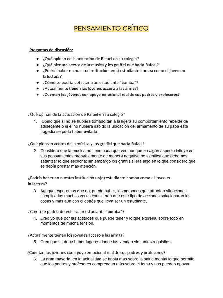Pensamiento Critico | PDF | Relaciones personales, crianza y desarrollo ...