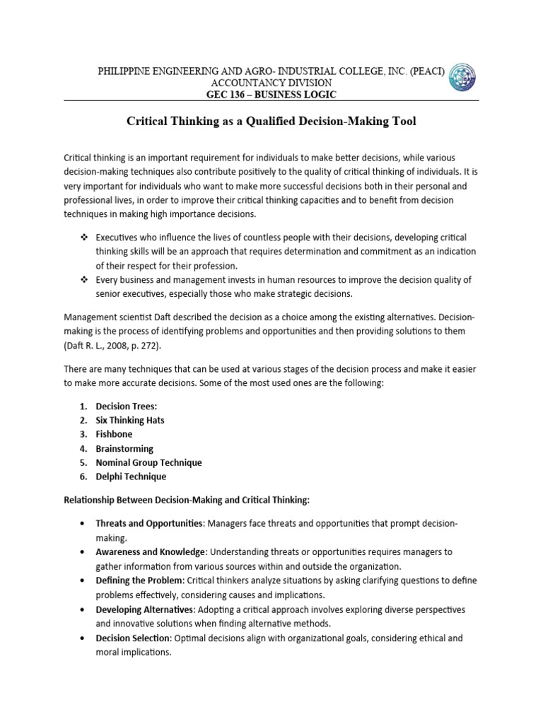 Critical Thinking in Decision-Making Techniques | PDF | Critical ...