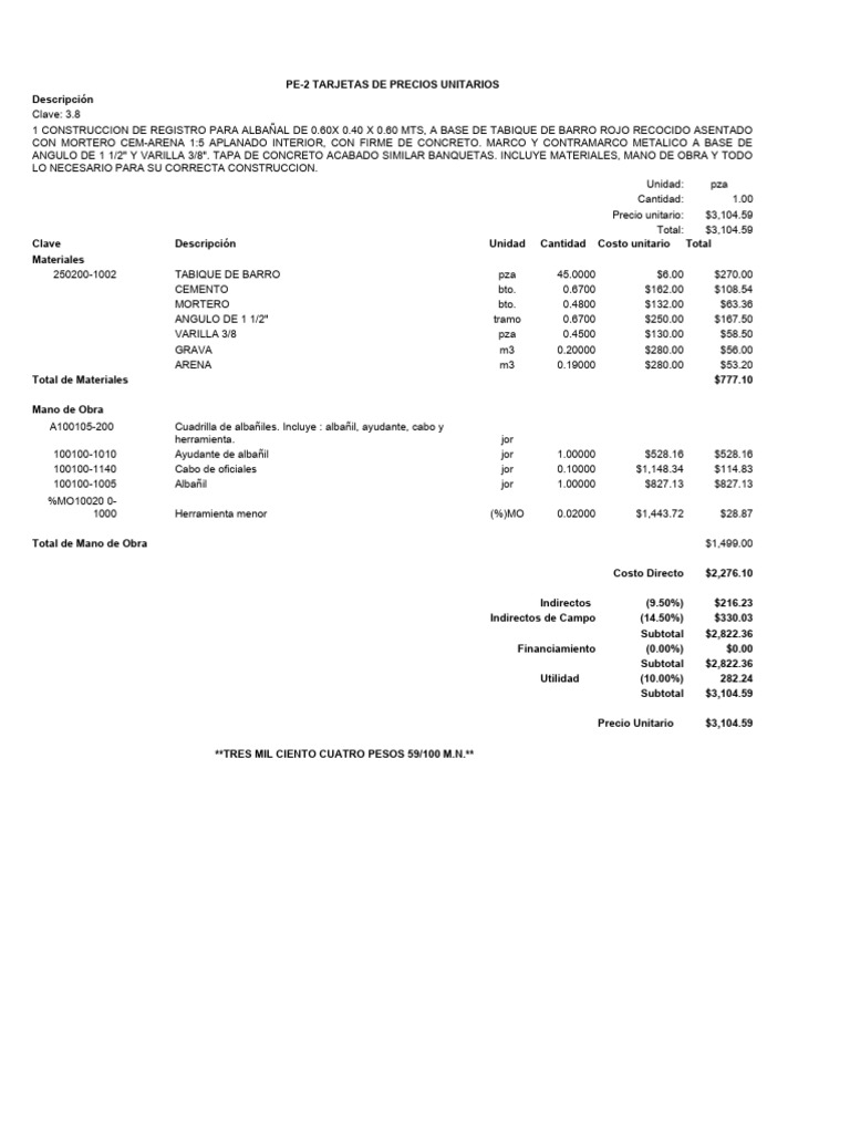 Tarjeta de Precios Construcción Albañal | PDF | Materiales de