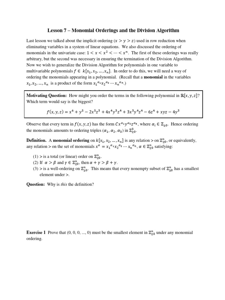 07 Monomial Ordersand Division Algorithm | PDF | Algebra | Abstract Algebra