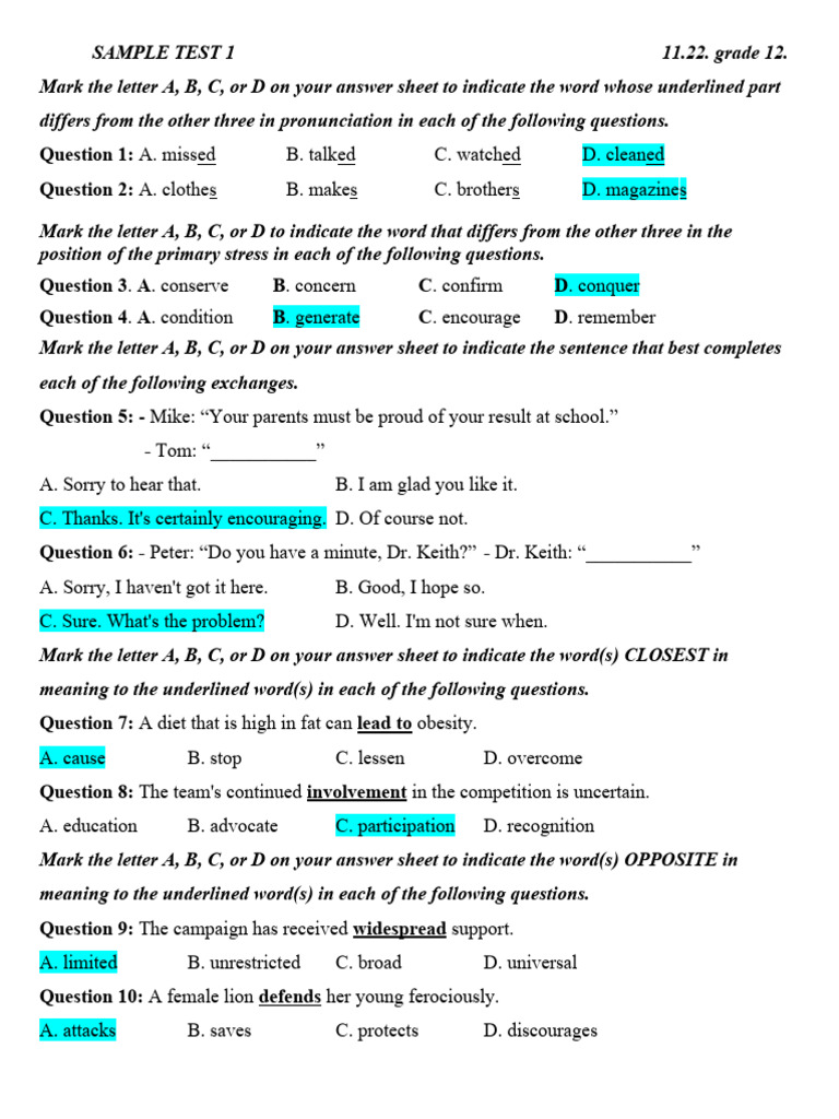 Sample Test 1 (1) - Hoc Sinh | PDF | Teachers | College