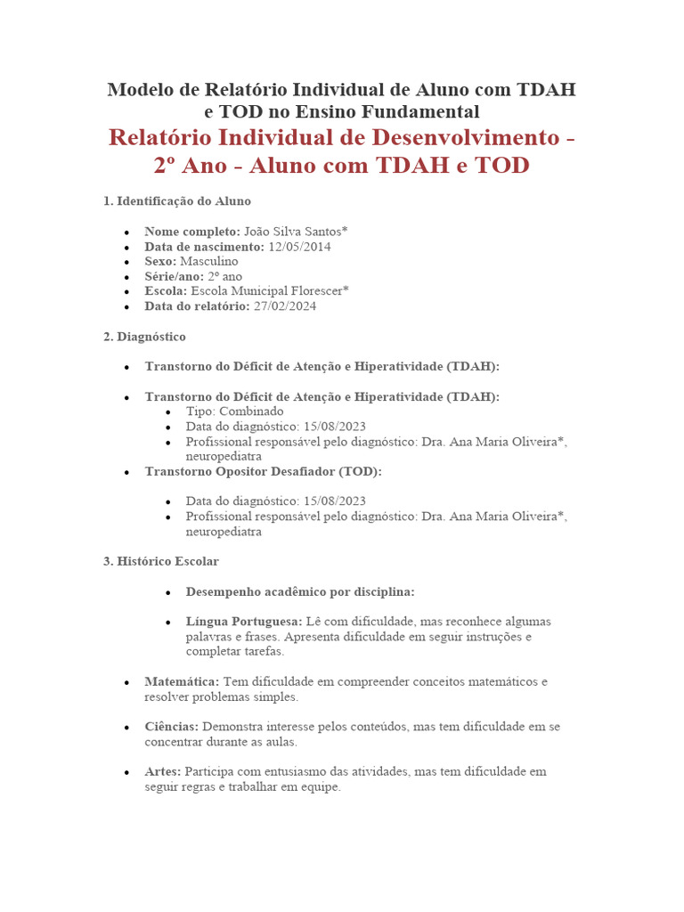 Relatório de Aluno com TDAH e TOD | PDF | Transtorno de déficit de ...