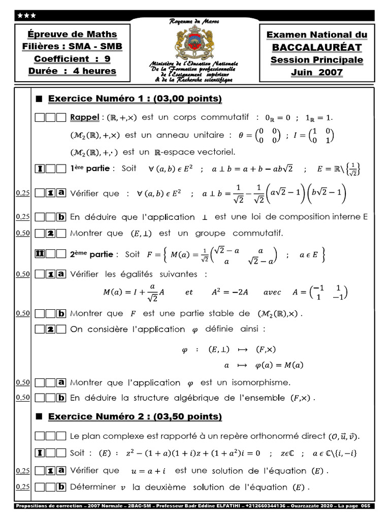 Correction Examen National Maths 2007 | PDF | Analyse mathématique ...
