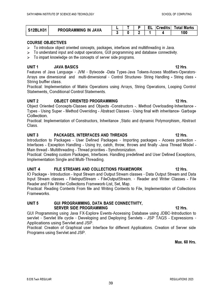 Java syllabus pdf class computer programming java programming