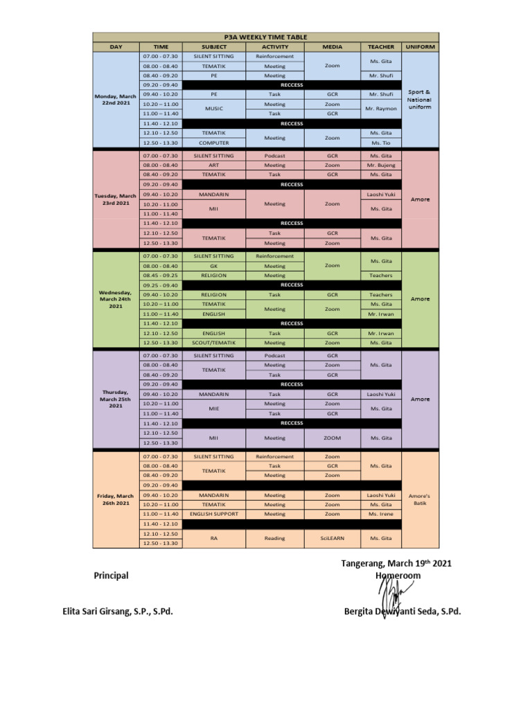 P3A Weekly Time Table March 2021 | PDF