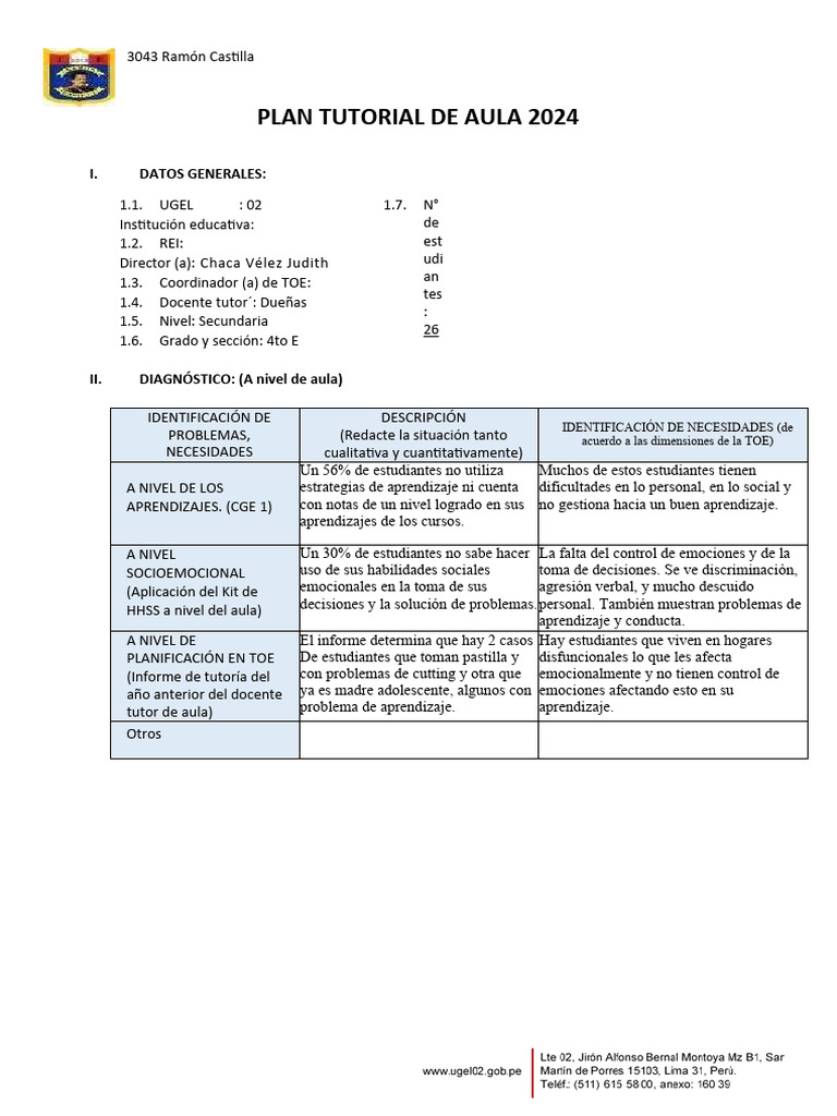 Plan Tutorial Aula 2024 - Secundaria 4to E | PDF | Salón de clases ...