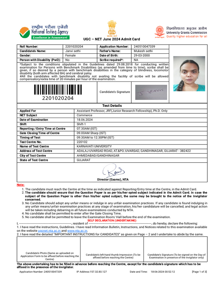 UGC NET June 2024 Admit Card Details | PDF | Identity Document | Disability