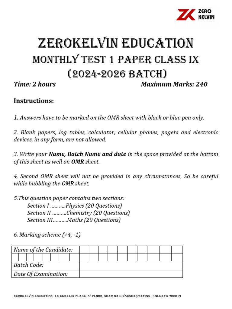 9th Class Monthly Test Paper 2024 | PDF | Molar Concentration | Mole (Unit)