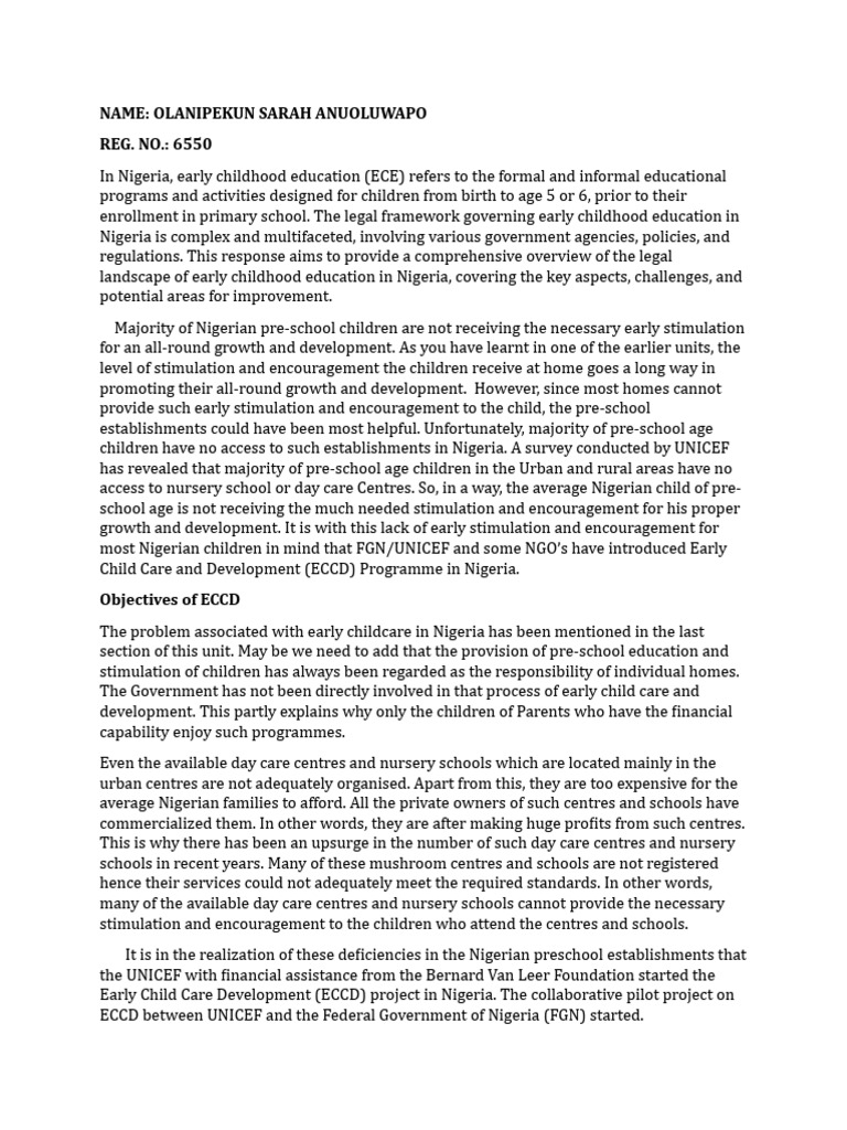 Legal Framework of Early Childhood Education in Nigeria | PDF ...