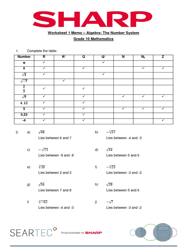 Grade 10 Algebra Number System Worksheet | PDF | Integer | Numbers