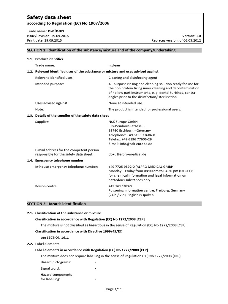 FDS-n.clean Cleaning NSK | PDF | Dangerous Goods | Toxicity