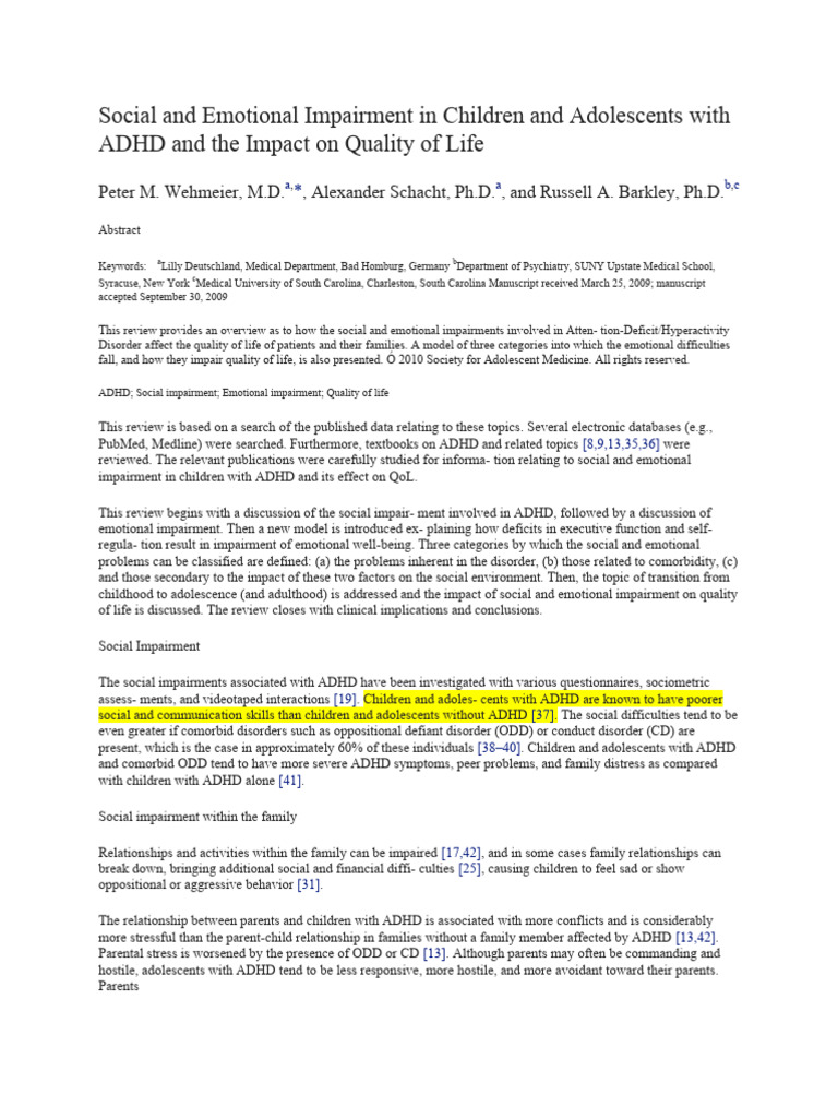 Social and Emotional Impairment in Children and Adolescents With ADHD ...