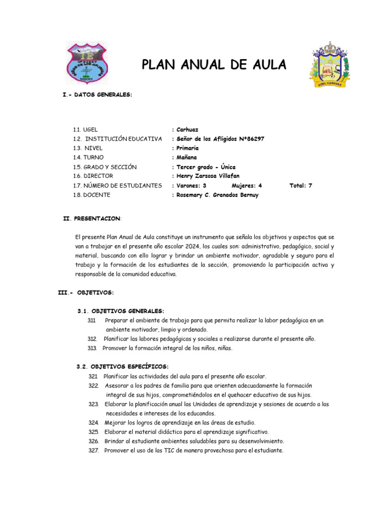 Plan Anual Aula Tercer Grado 2024 | PDF | Salón de clases | Maestros