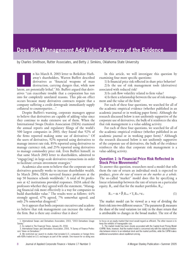 Value of Risk Management in Corporations | PDF | Financial Risk ...