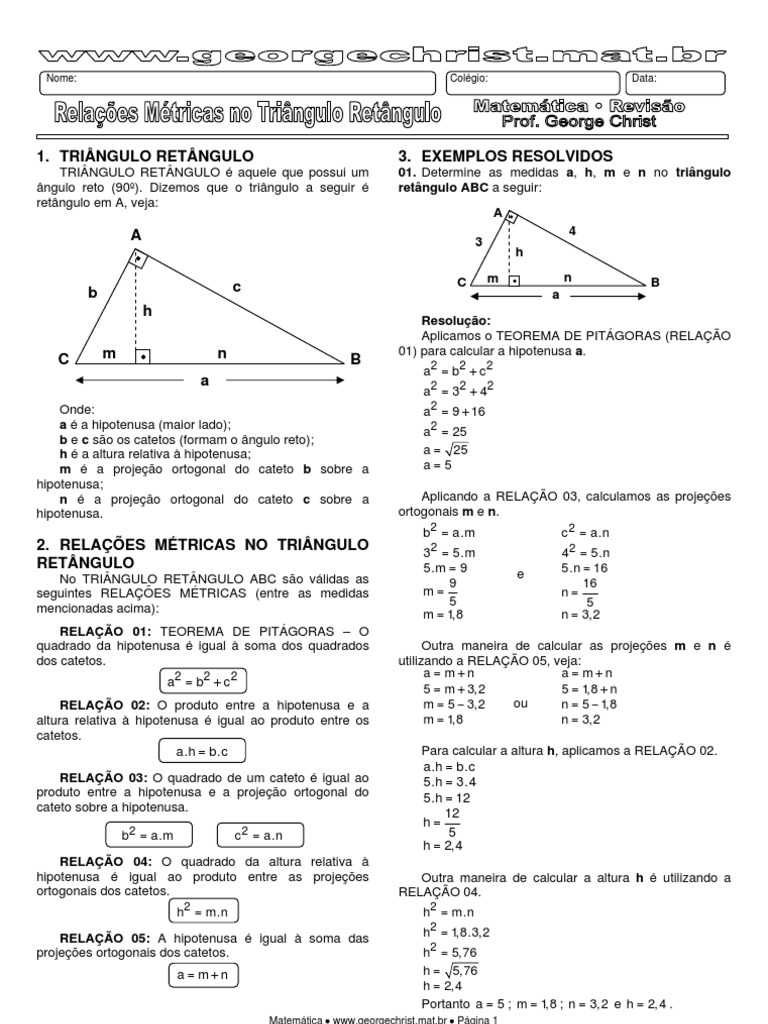 Exercícios sobre Relações Métricas no Triângulo Retângulo | PDF ...