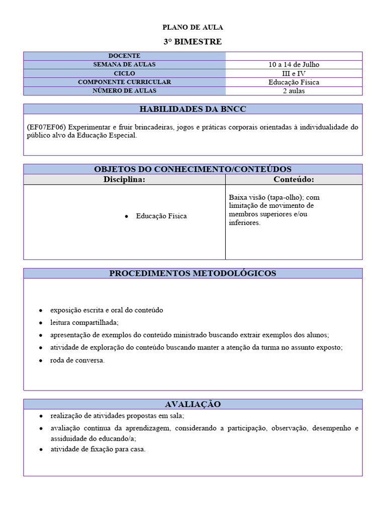 plano de aula educacao fisica eja | PDF | Educação Física | Aprendizado