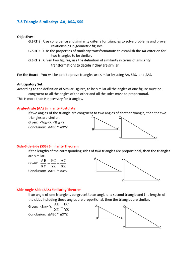7.3 Triangle Similarity AA ASA SSS | PDF | Euclidean Geometry ...