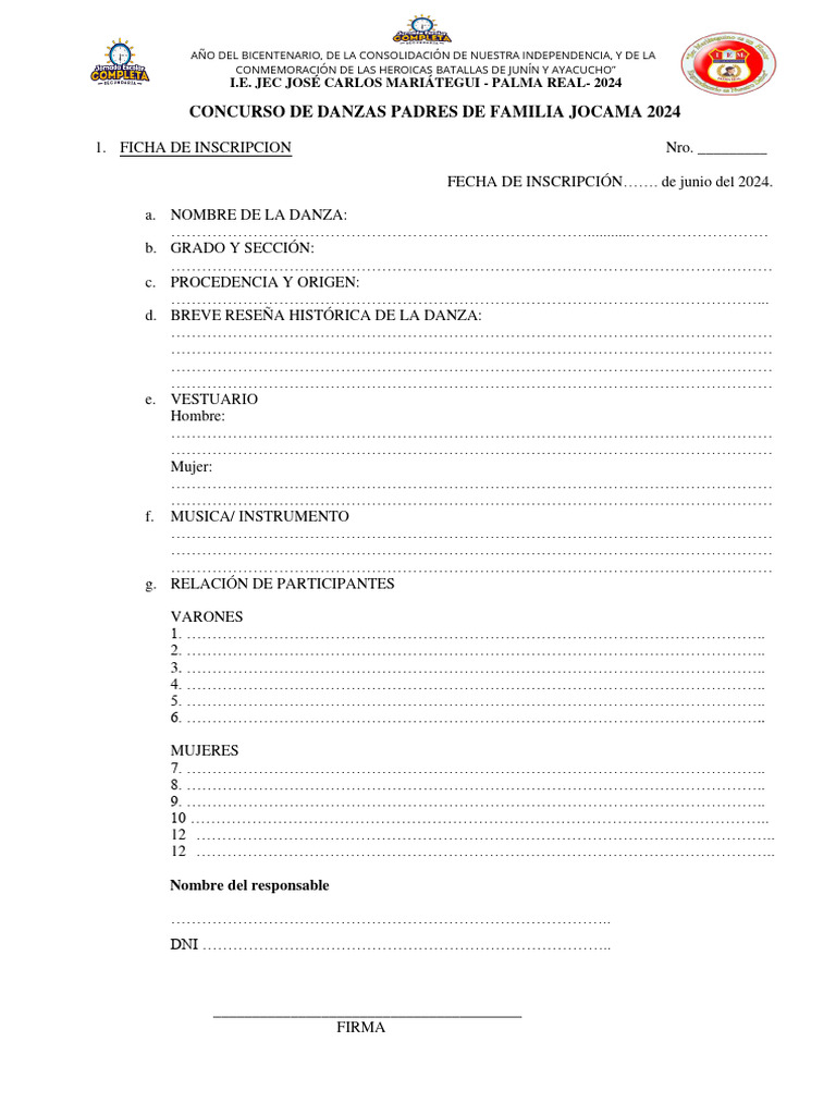Ficha Inscripción Concurso de Danzas - 2024 | PDF