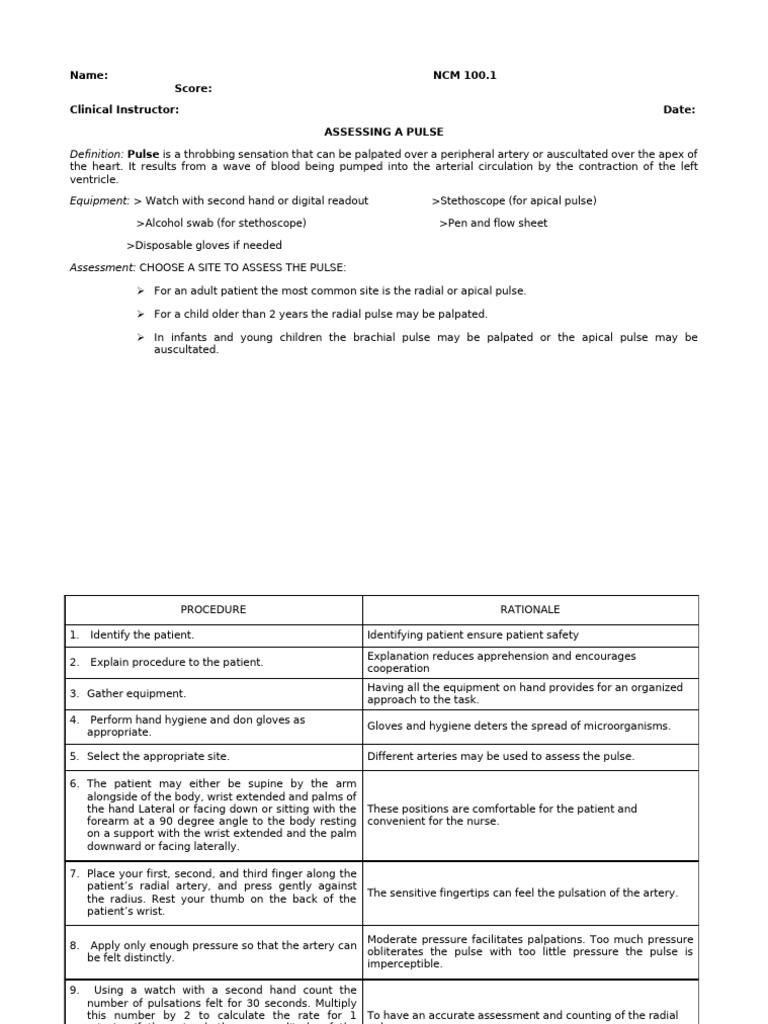 NCM Checklist Vital Signs | PDF | Pulse | Blood Pressure