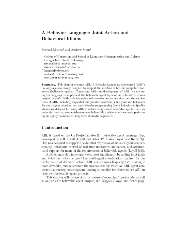 A Behavior Language - Joint Action and Behavioral Idioms | PDF | Goal ...