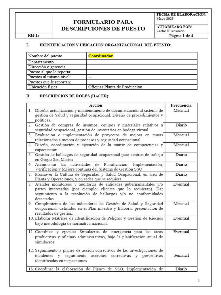 Descripción del Puesto: Coordinador SSO | PDF | Seguridad y salud ...