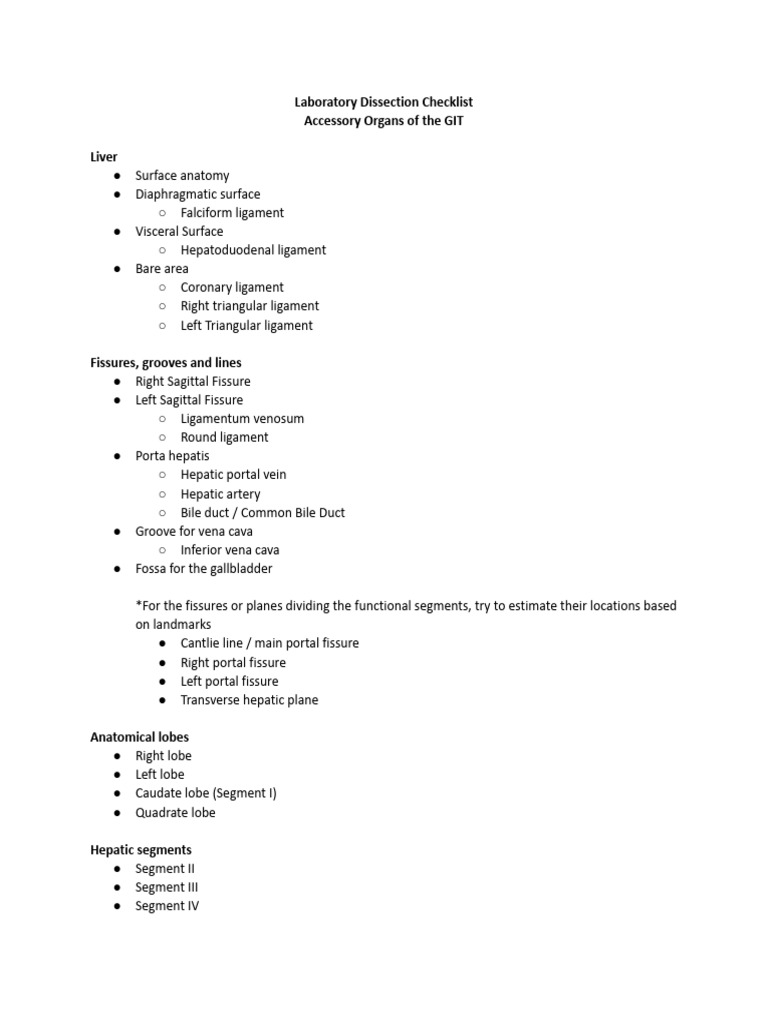 Laboratory Dissection Checklist Accessory GI | PDF | Liver | Abdomen
