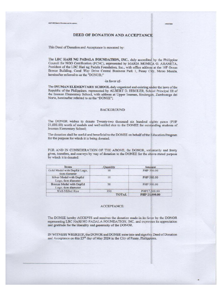 Deed of Donation LBC Hari ng Padala (Inuman ES) PDF