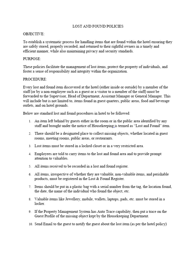 Hotel Lost and Found Policies Guide | PDF