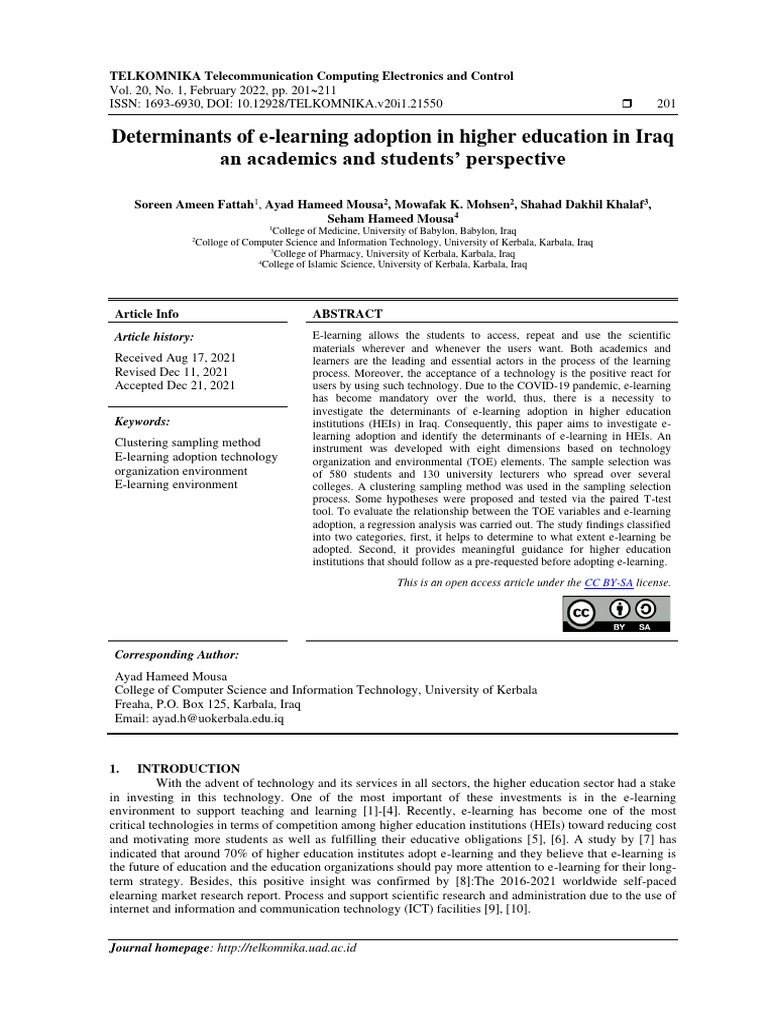 Determinants of E-Learning Adoption in Higher Education in Iraq An ...