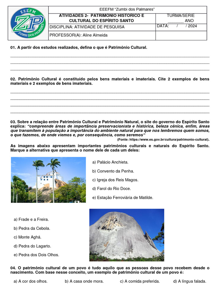 Atividades sobre Patrimônio Cultural ES | PDF | Herança cultural