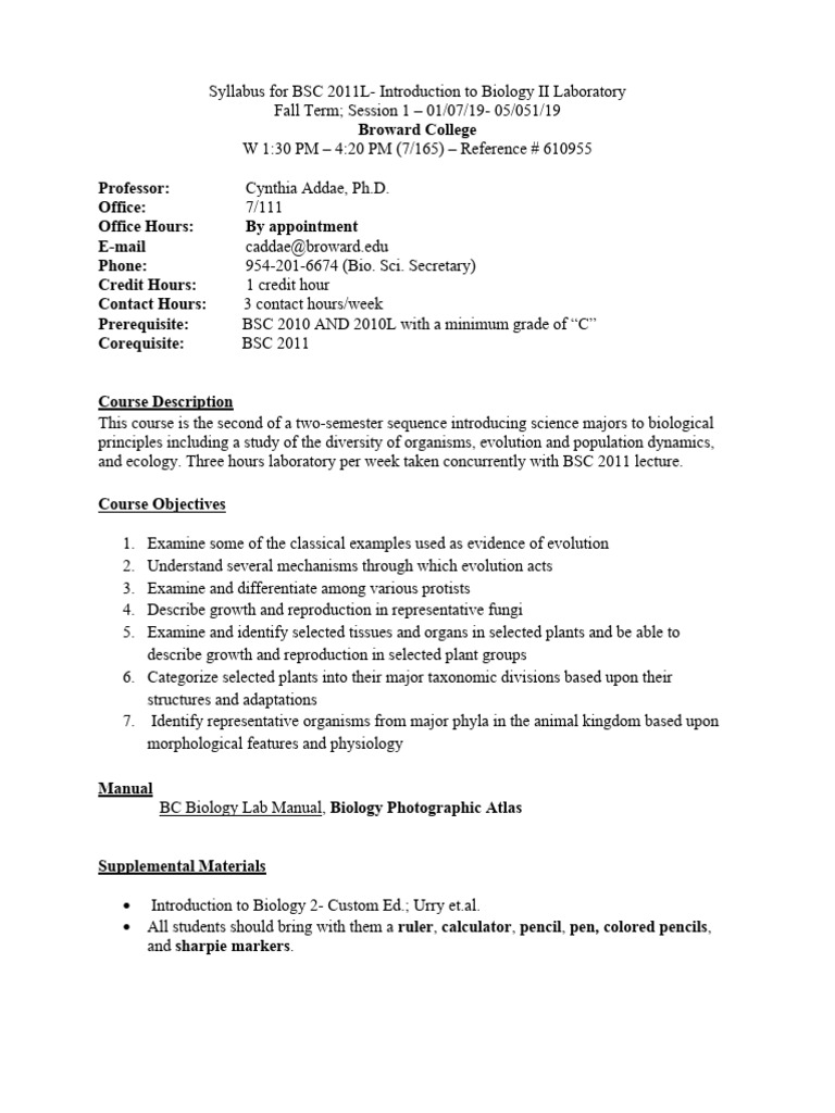 Biology II Lab Syllabus Fall 2019 | PDF | Biology | Evolution