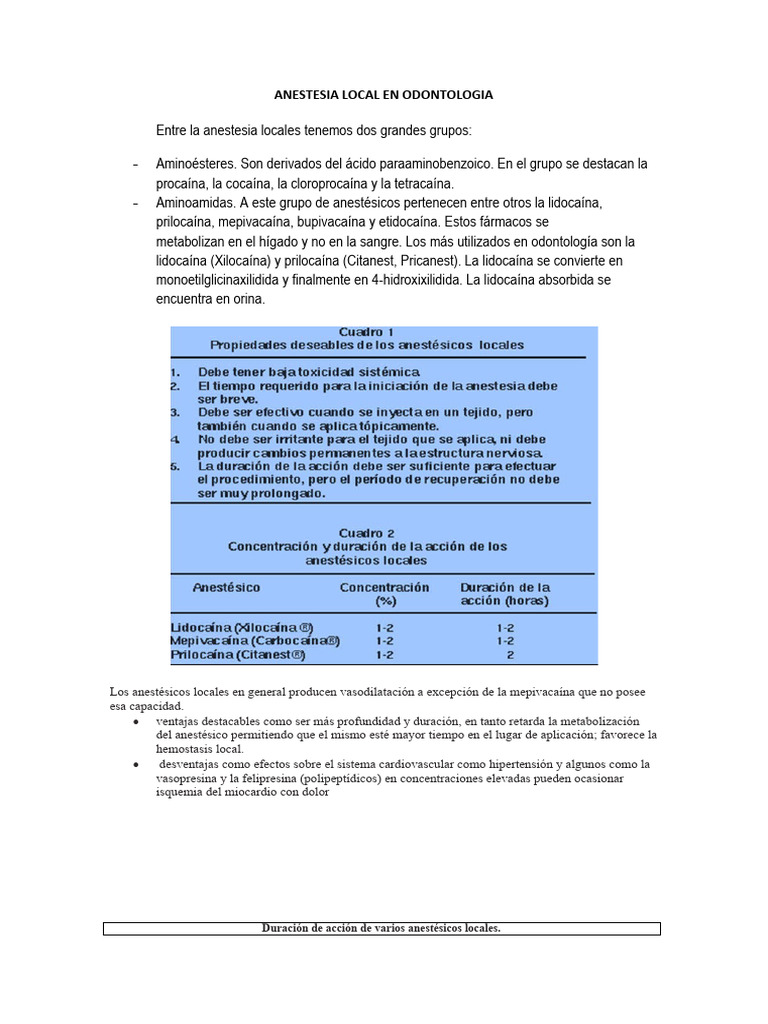Anestesia Local en Odontología: Tipos y Duración | PDF | Dolor | Anestesia